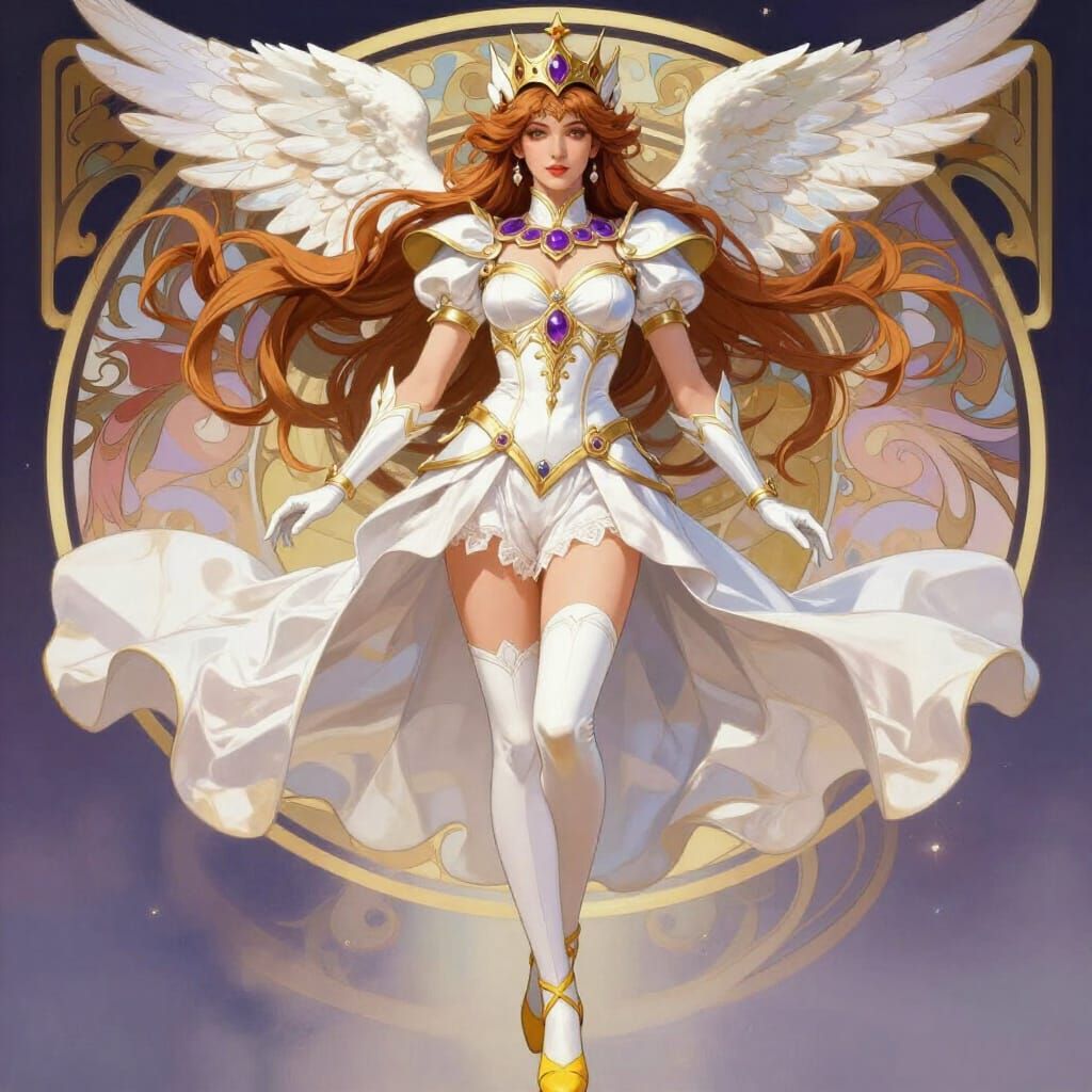 Regal Warrior in White Costume with Winged Crown