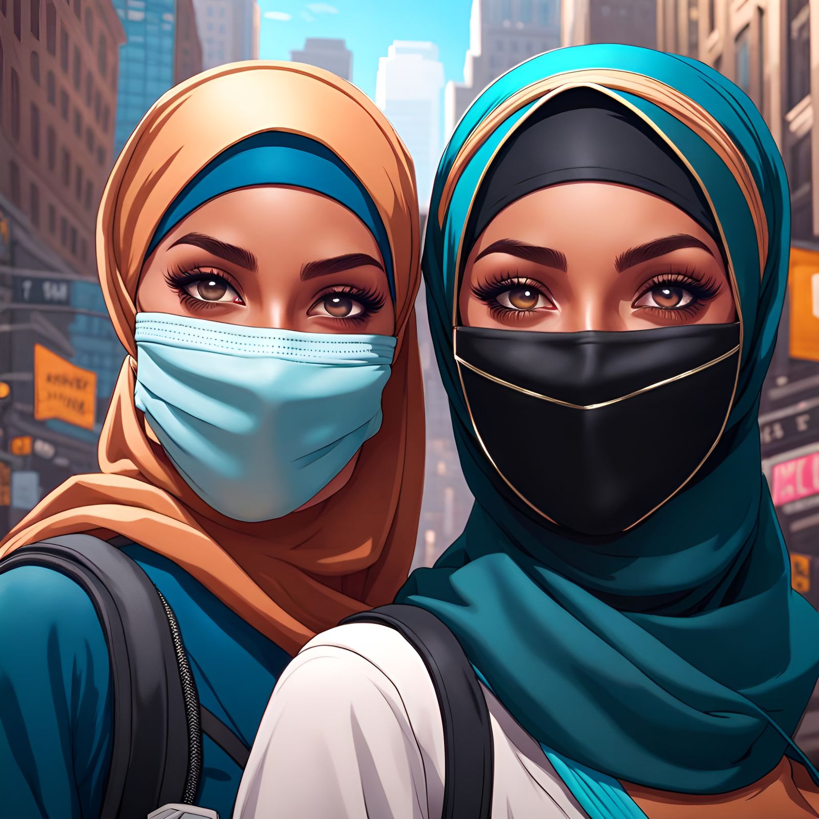 Smiling Women in Sport Hijabs Selfie in New York