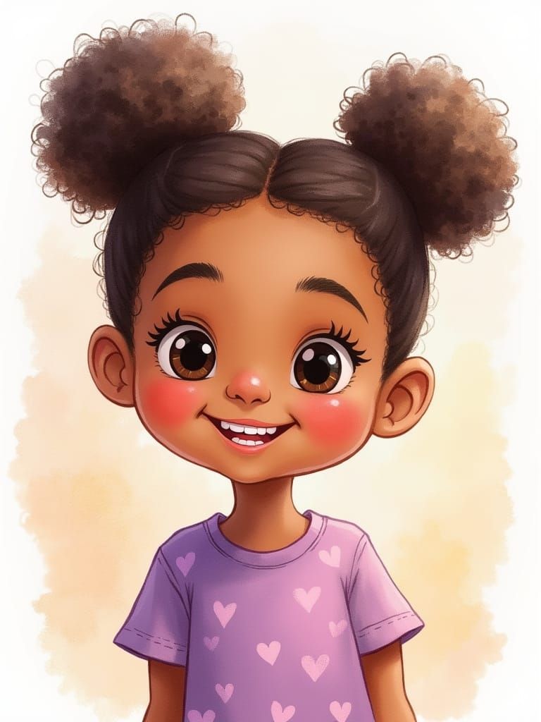 Charming Cartoon Girl Illustration in Watercolor Style