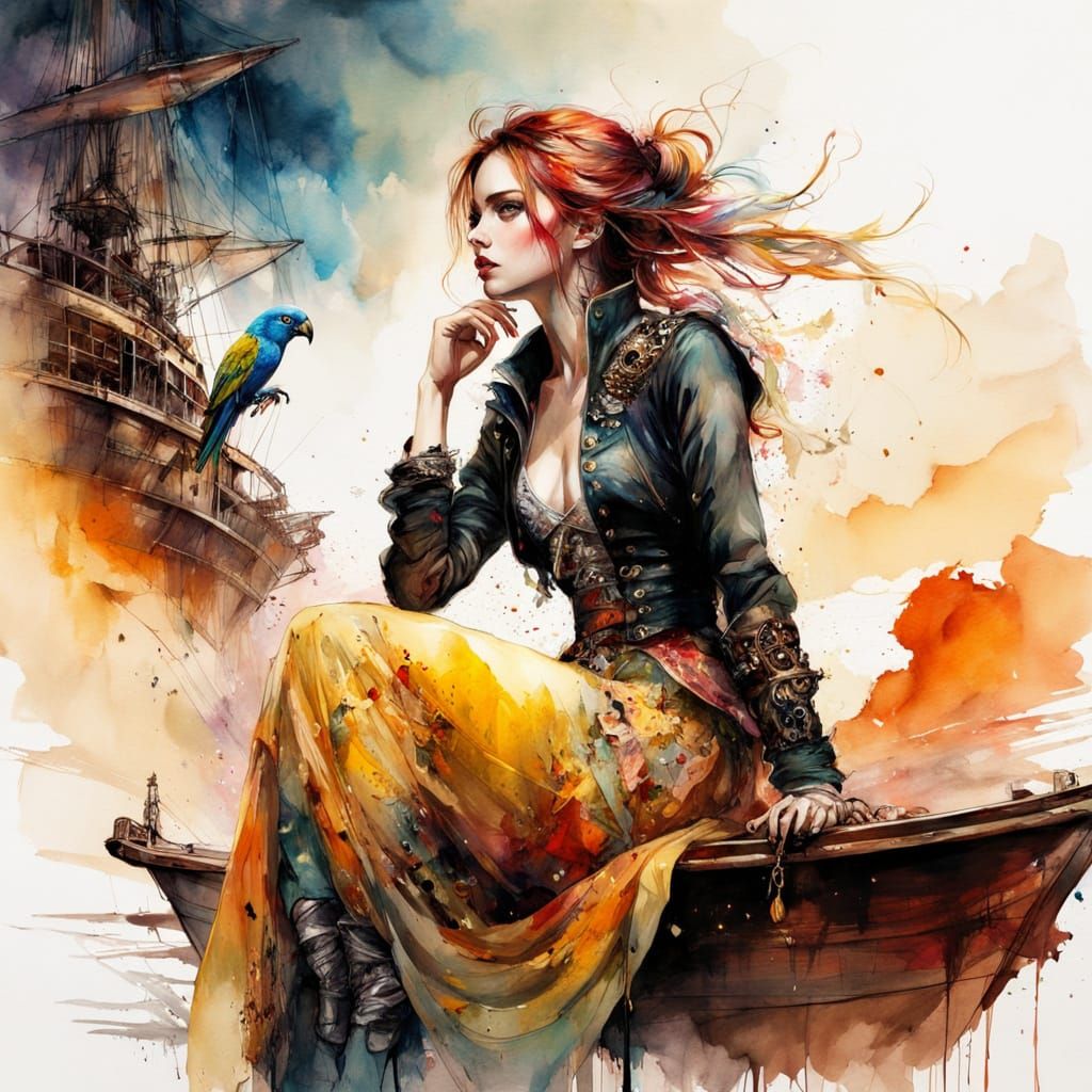 Beautiful Pirate on Deck in Watercolor Style