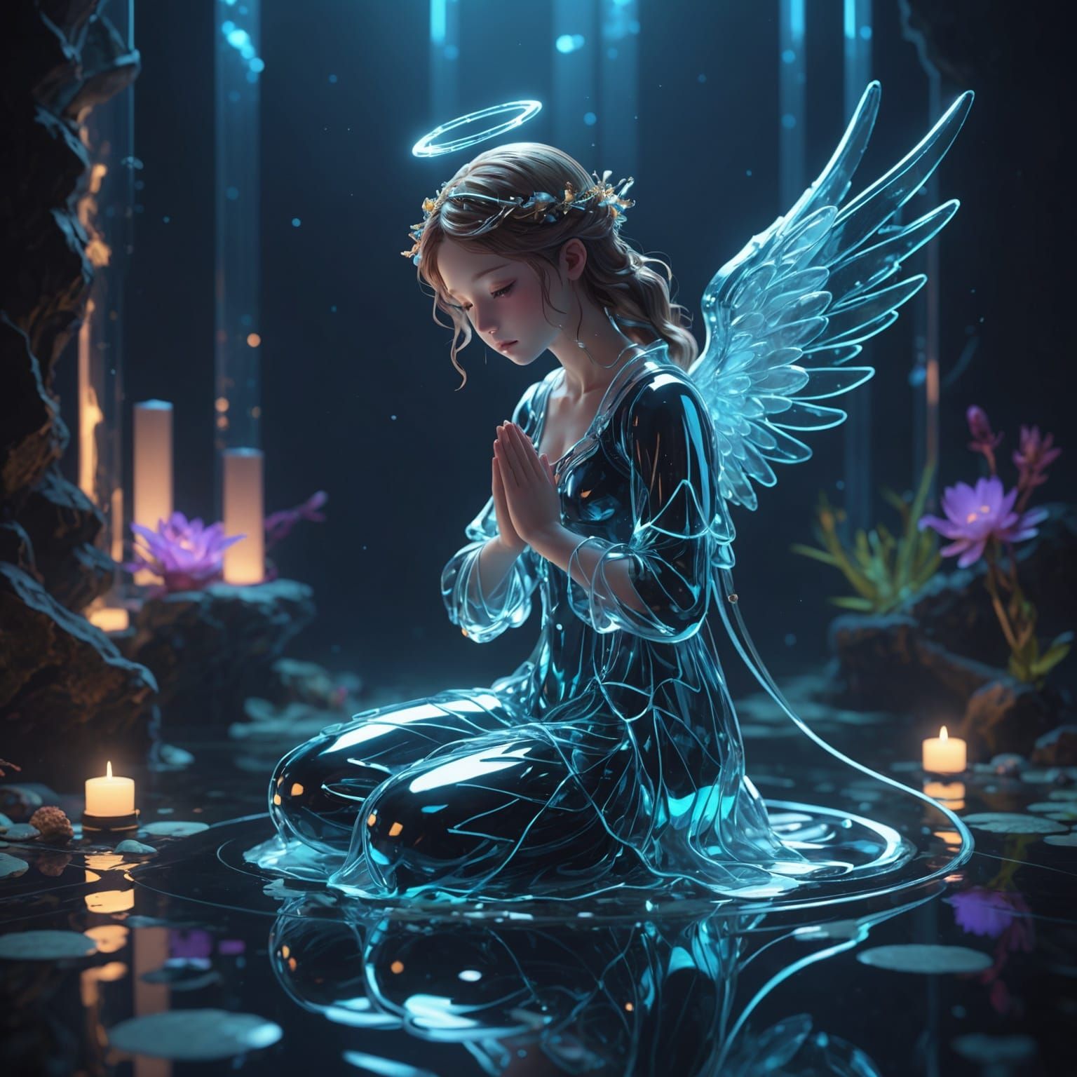 Glass Angel Praying in Neon Lit Ocean: 3D Anime Art