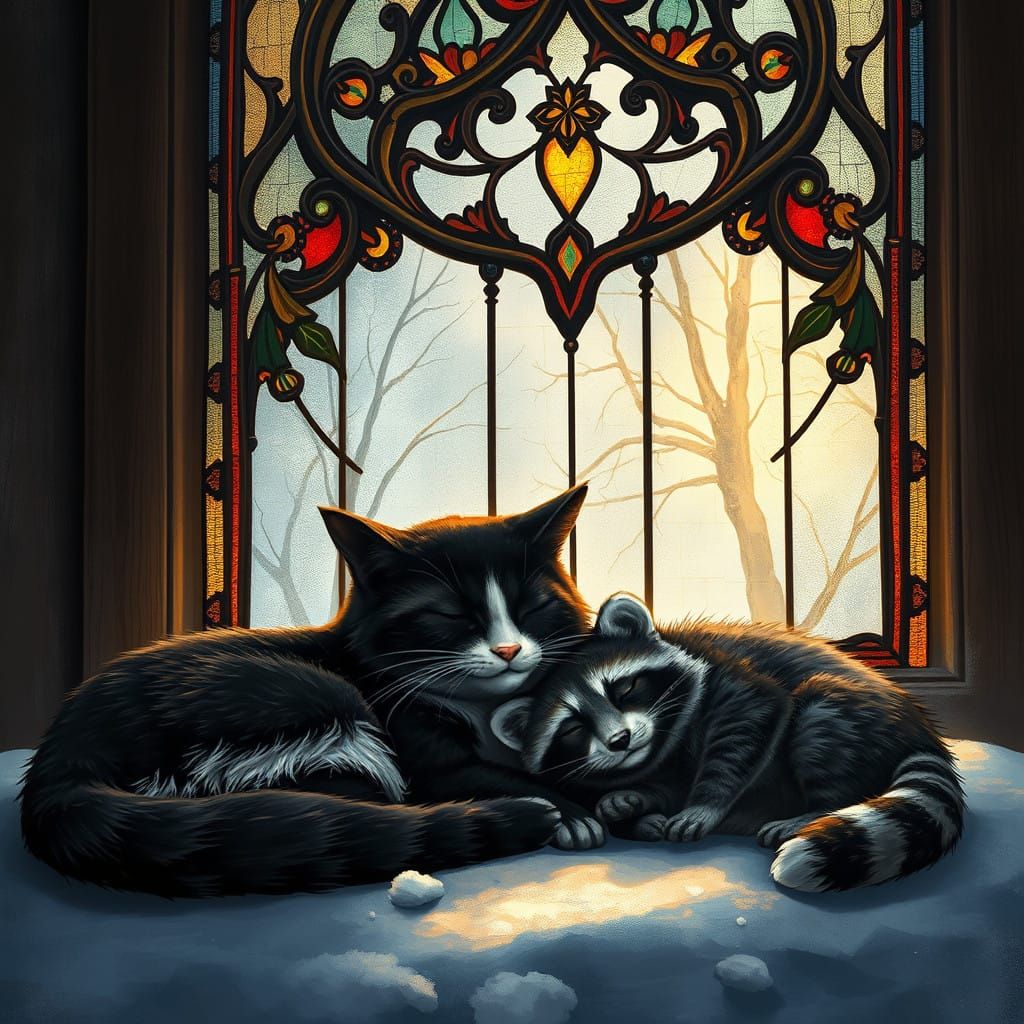 Fantasy Winter Scene with Sleeping Cat and Raccoon in Front...