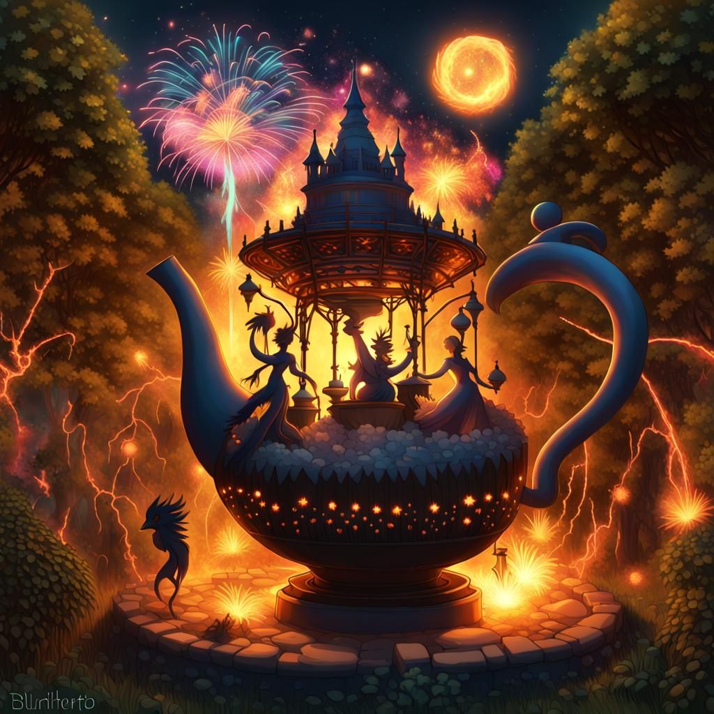 Opalescent Teapot Sculpture with Fractal Garden Party