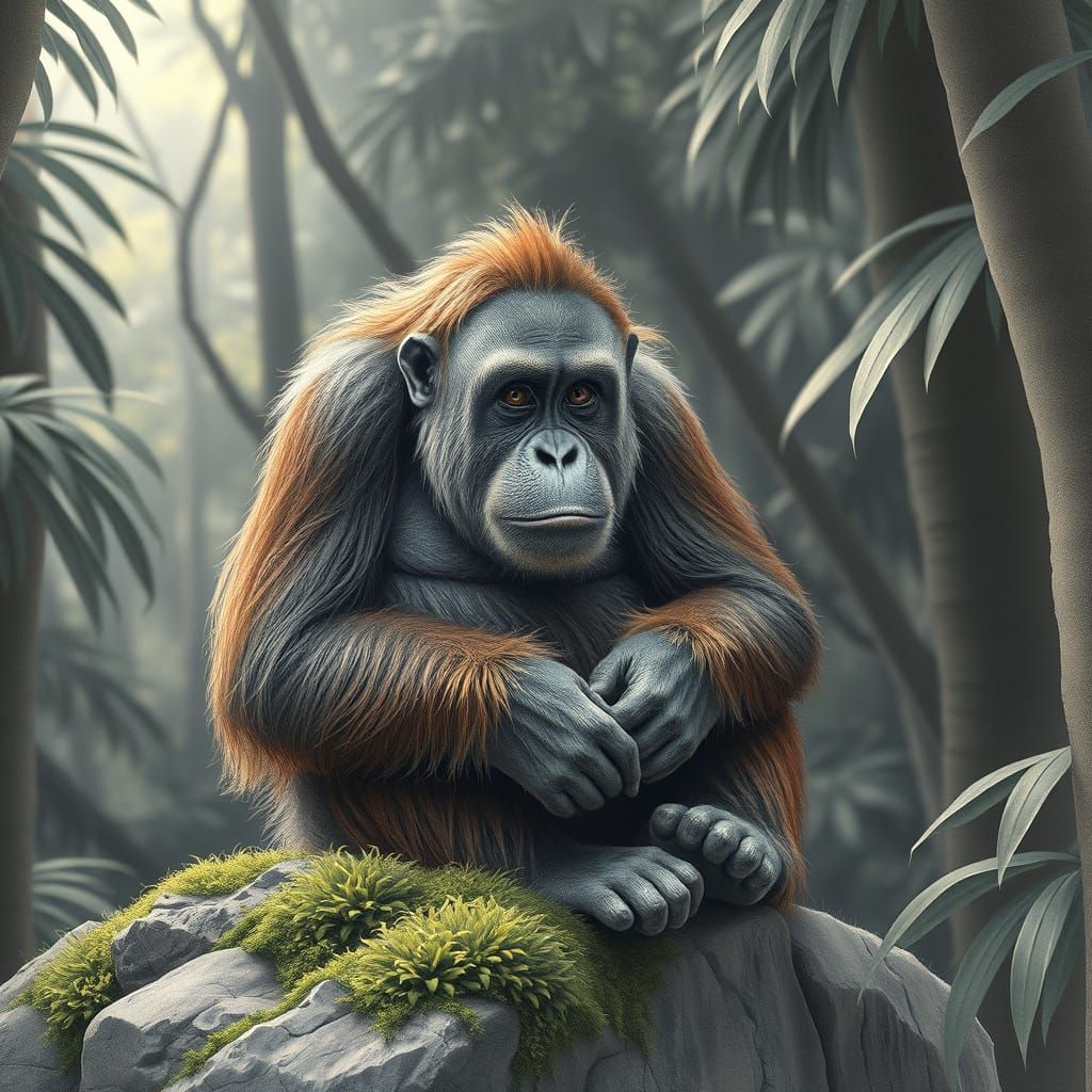 Pensive Orangutan in Jungle: Hyperrealistic Pencil Portrait