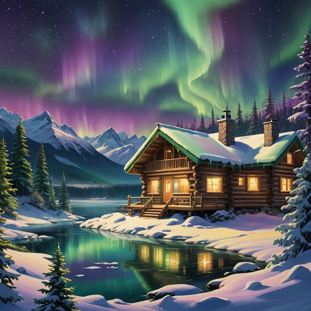 Northern Lights Over Snowy Mountain Cabin