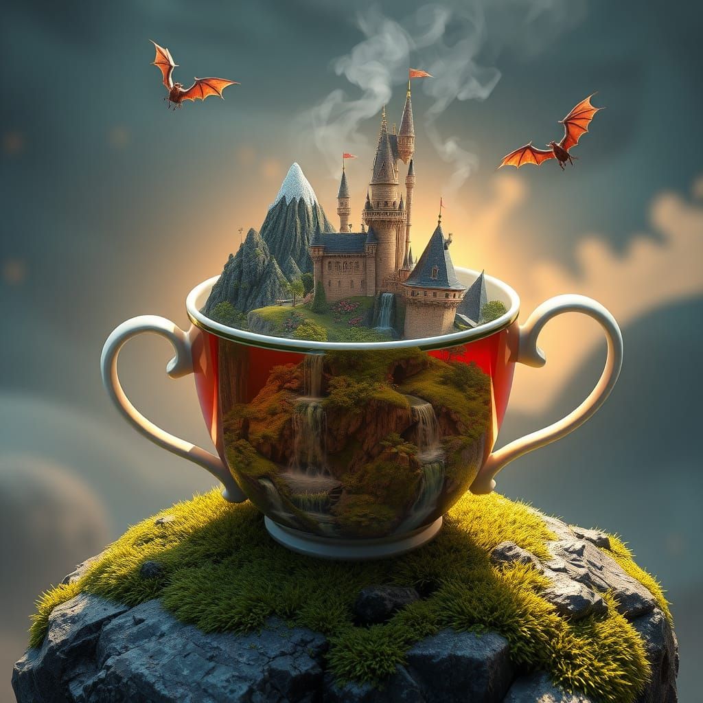 Miniature Fantasy World in a Tea Cup, Matte Painting