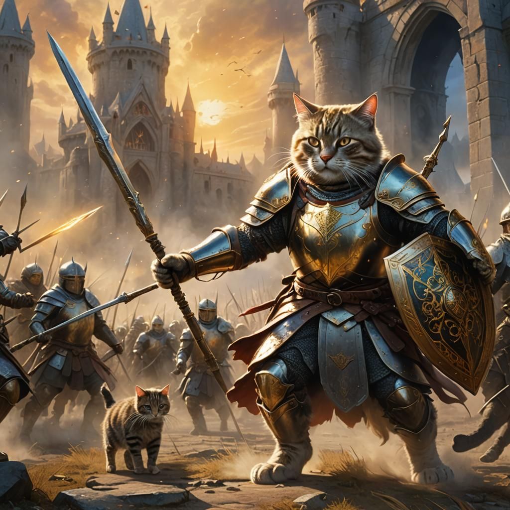 Armored Cat Warrior on Battlefield in Fantasy Style