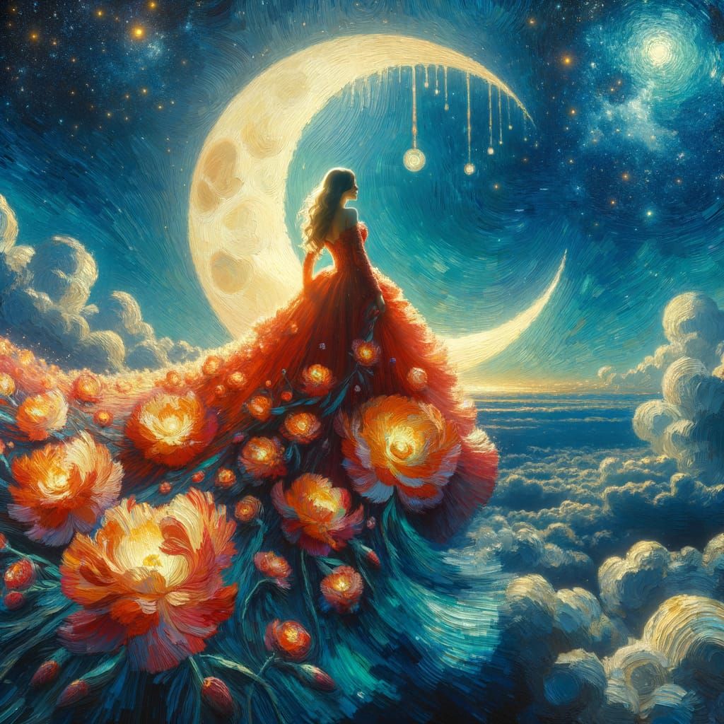 Enchanted Night Goddess with Celestial Dress in Post-Impress...