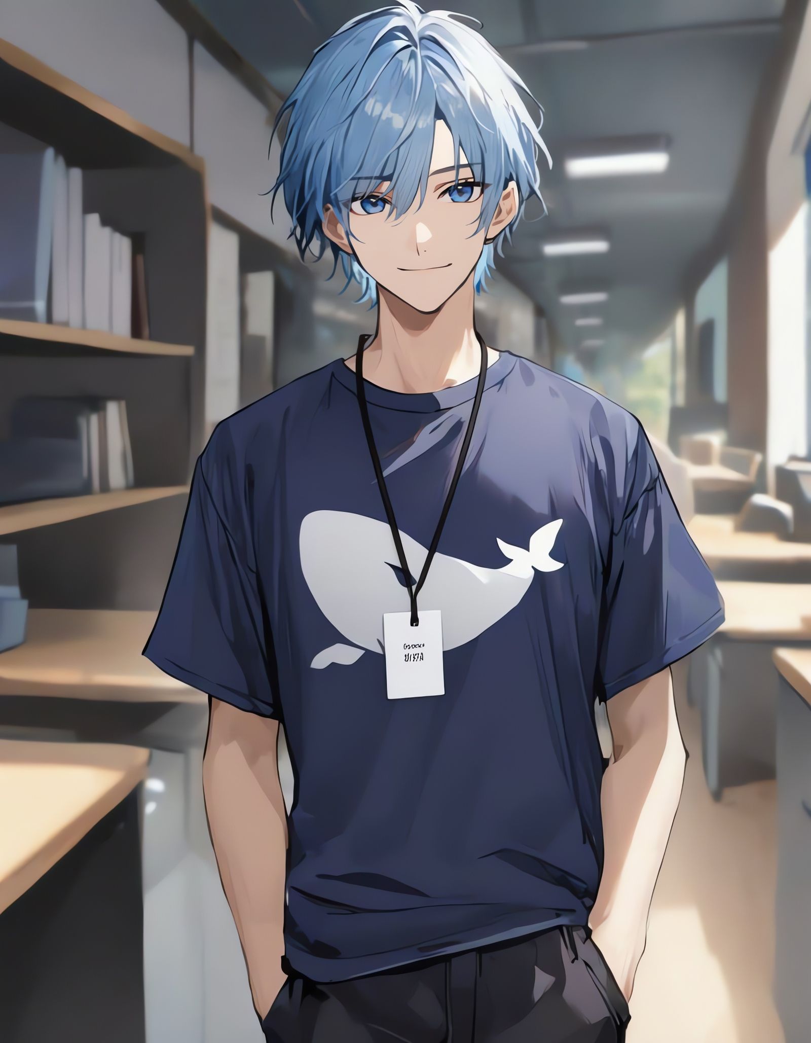 Anime Cowboy Boy in Office with Blue Hair and Whale Shirt