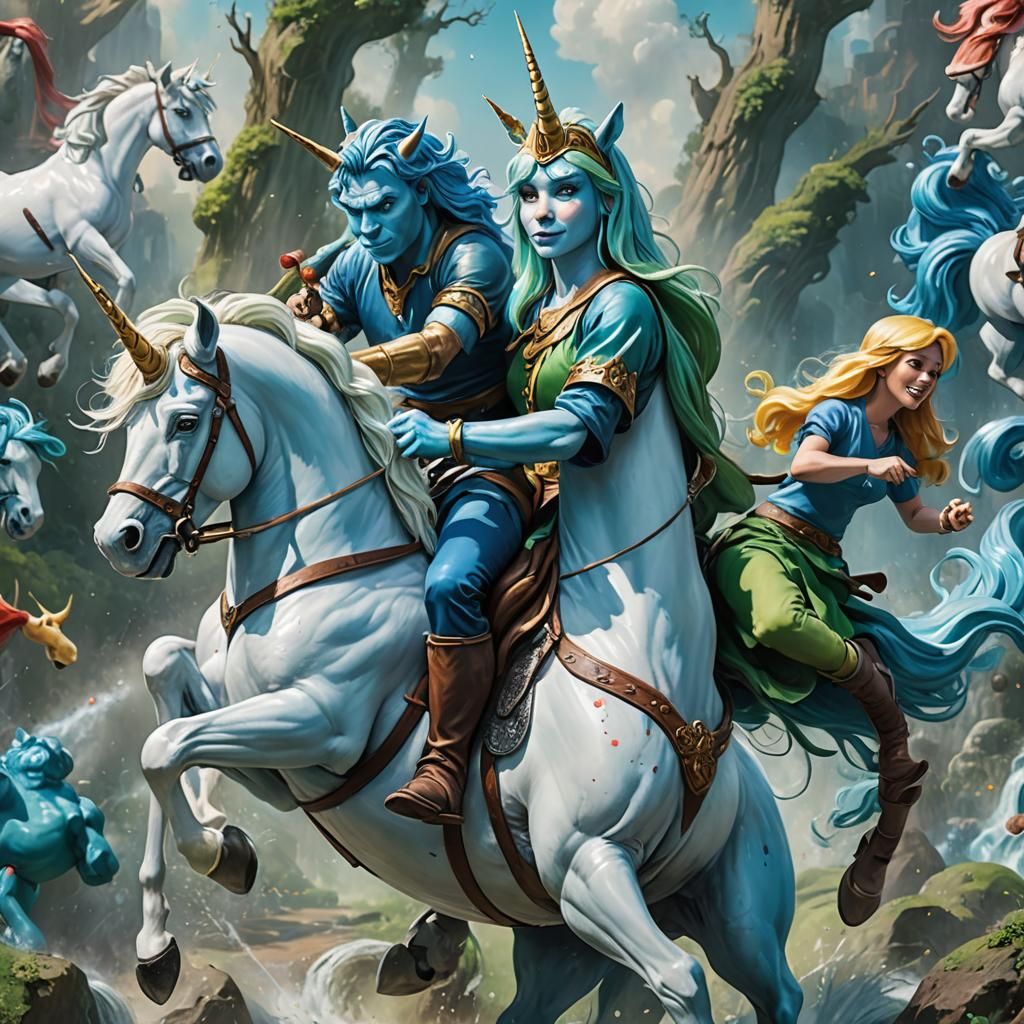Blue and Green Unicorn Ride: Hyperrealistic Splash Art