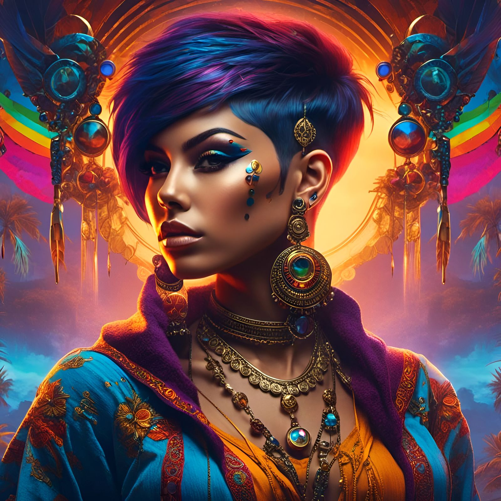 Rainbow Steamfunk Brunette with Tribal Tattoos