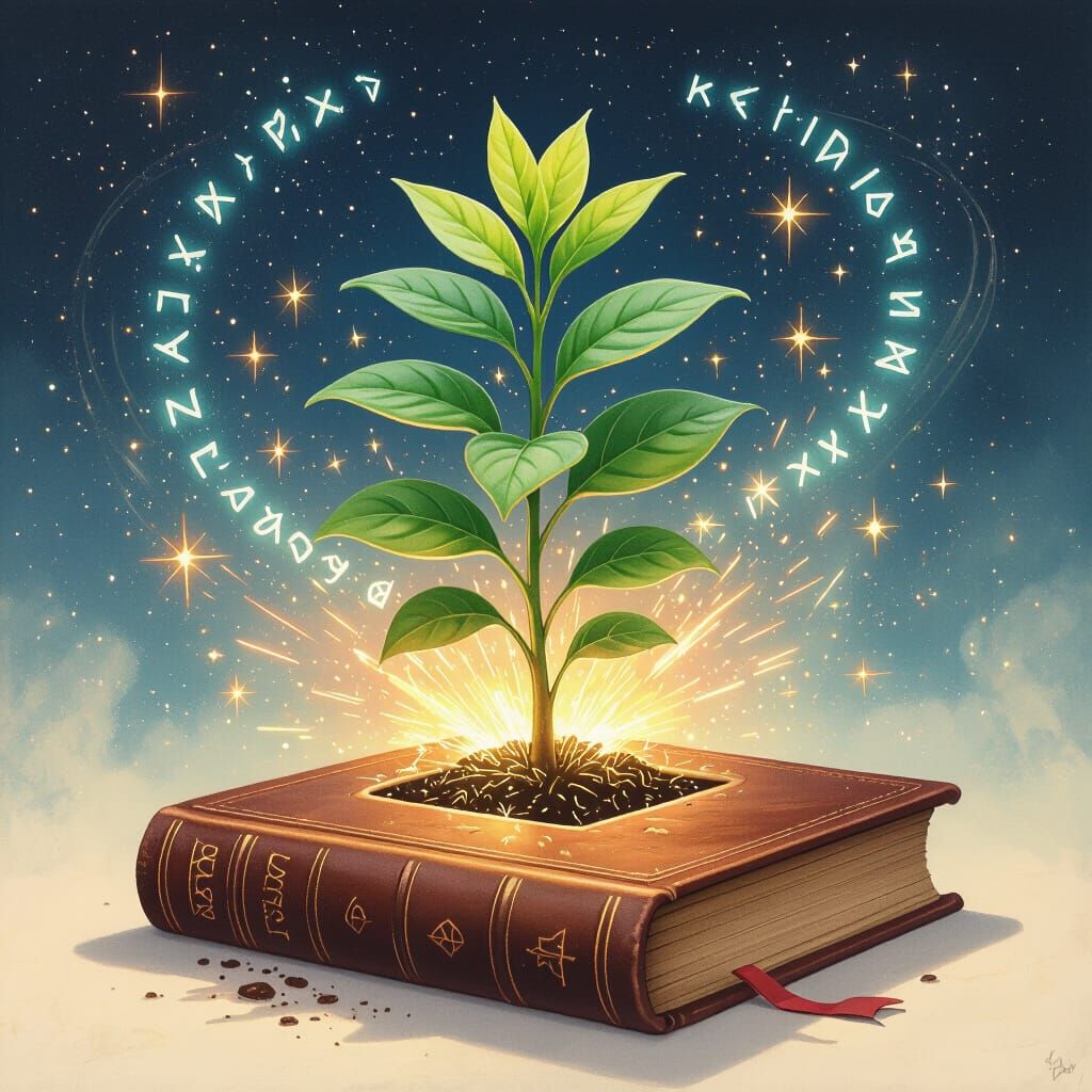 Plant Bursting From Book, Dreamy Airbrush Art