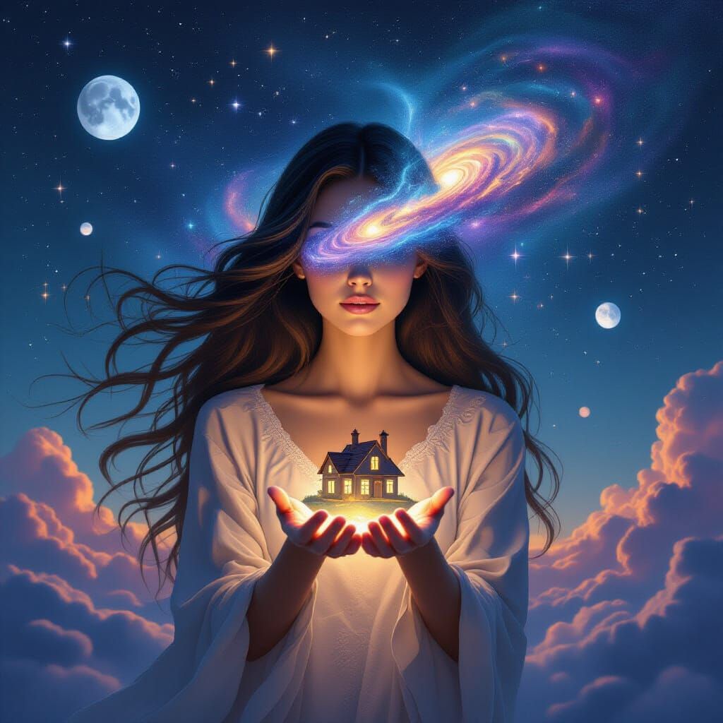 Cosmic Woman: Galaxy Face Dream Weaver in Surreal Portrait
