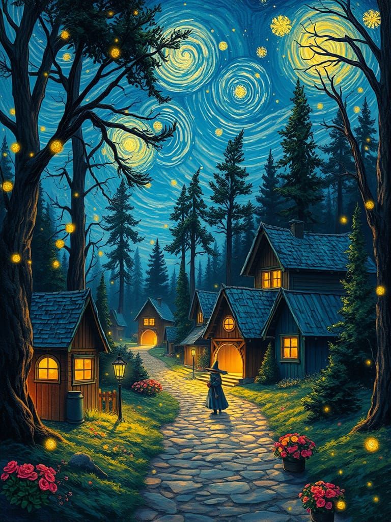 Mystical Village Under Glowing Fireflies