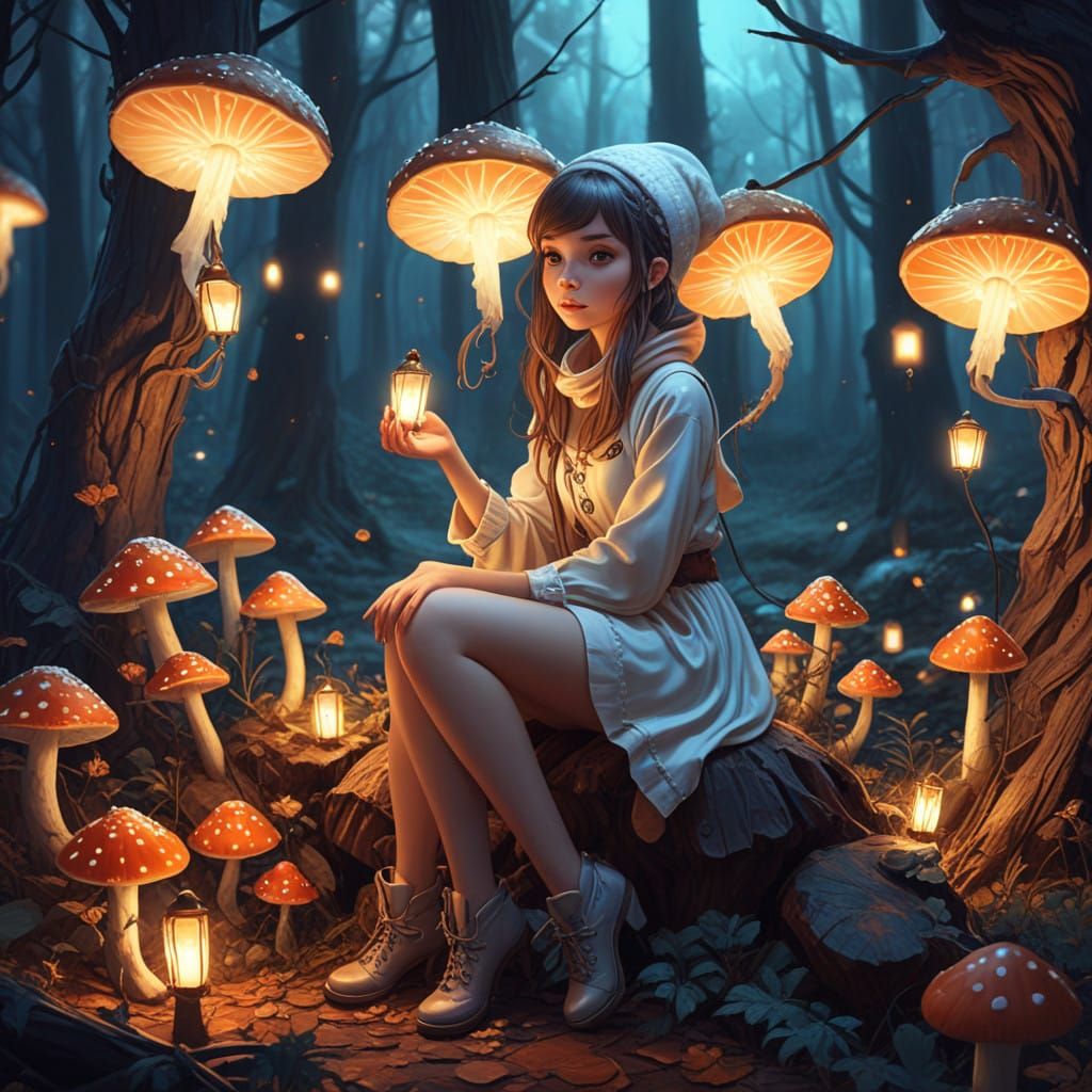 Whimsical Storybook Girl Illuminated by Lanterns in an Encha...