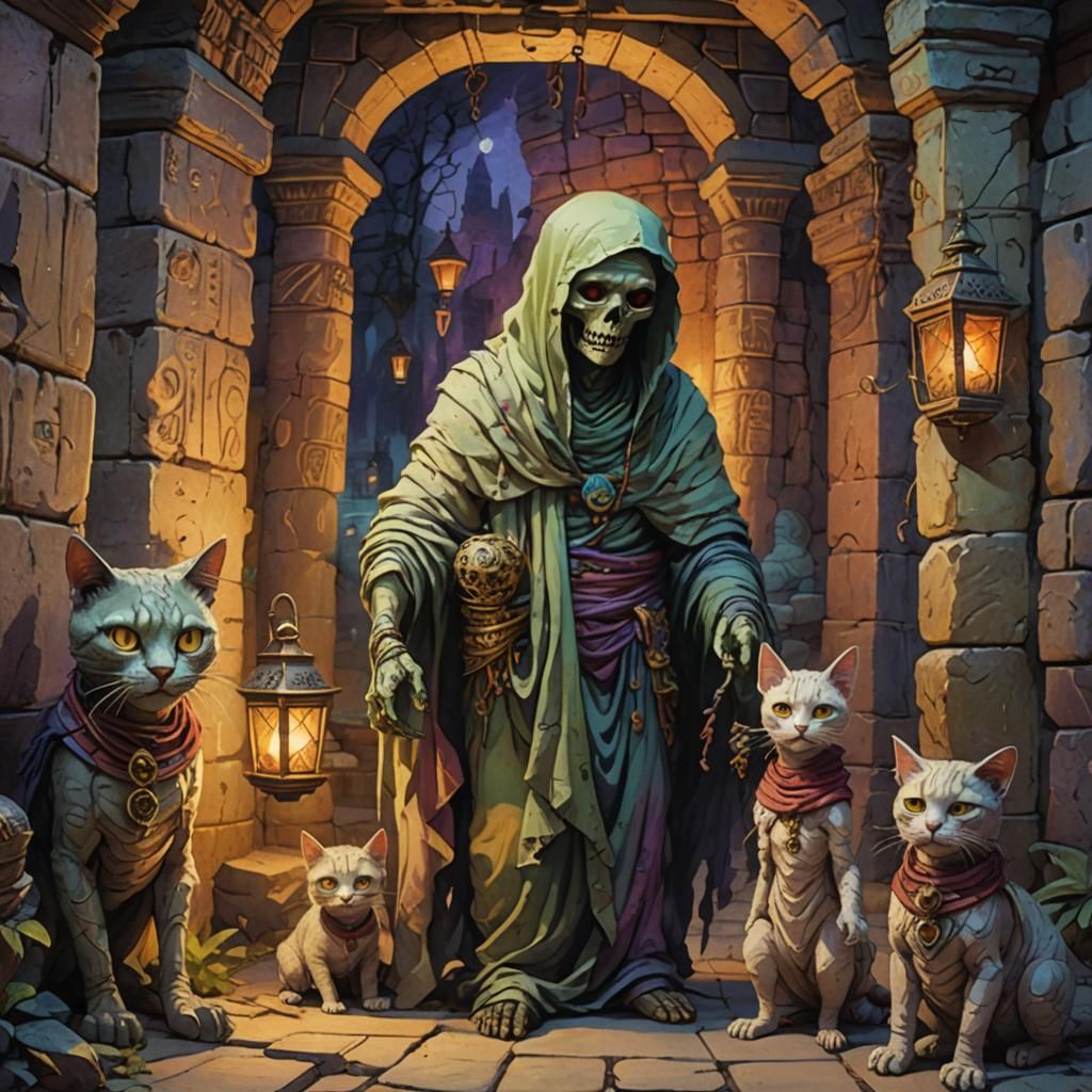 Mummy Children in Ancient Temple: Fantasy Illustration