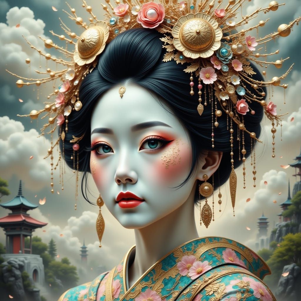 Geisha Portrait with Rose Gold Crystal Headdress