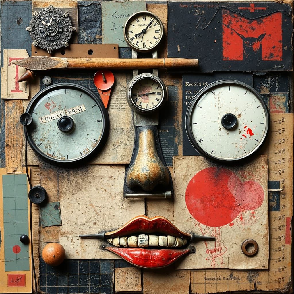 Grunge Layered Art Piece with Eyes, Nose, and Mouth