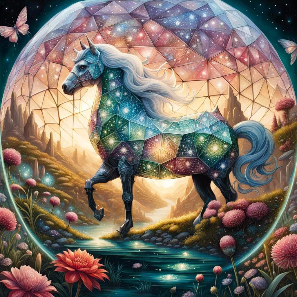 Geodesic Crystal Horse with Fairy Villages