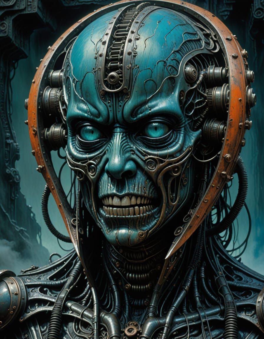 Grotesque Mechanical Skull in Hyperrealistic Style