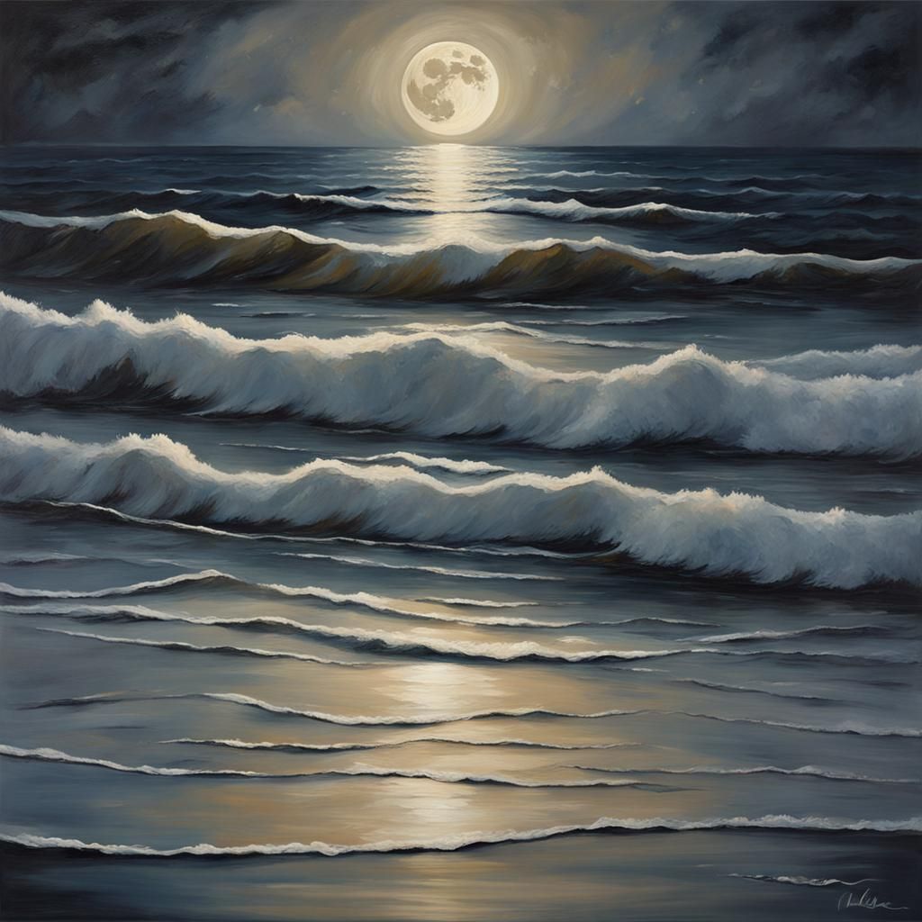 Moonlit Ocean in Golden and Silver Hues, Oil Painting