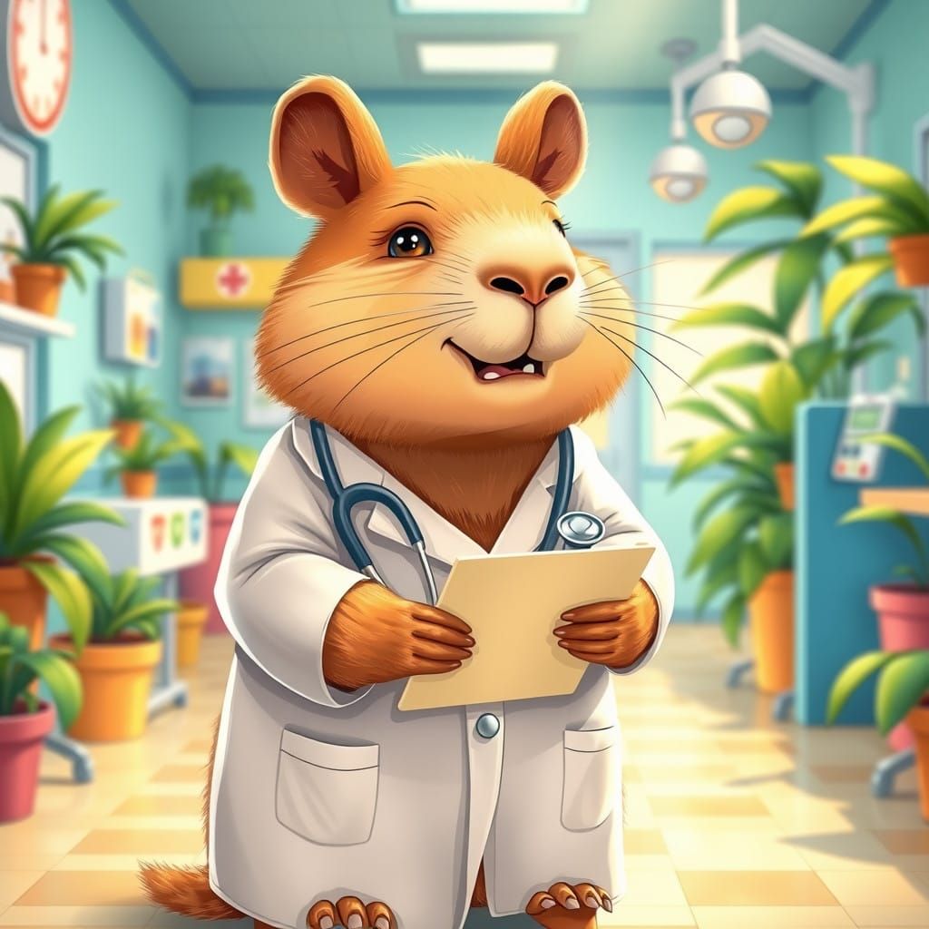 Capybara Doctor in Whimsical Children's Hospital Setting