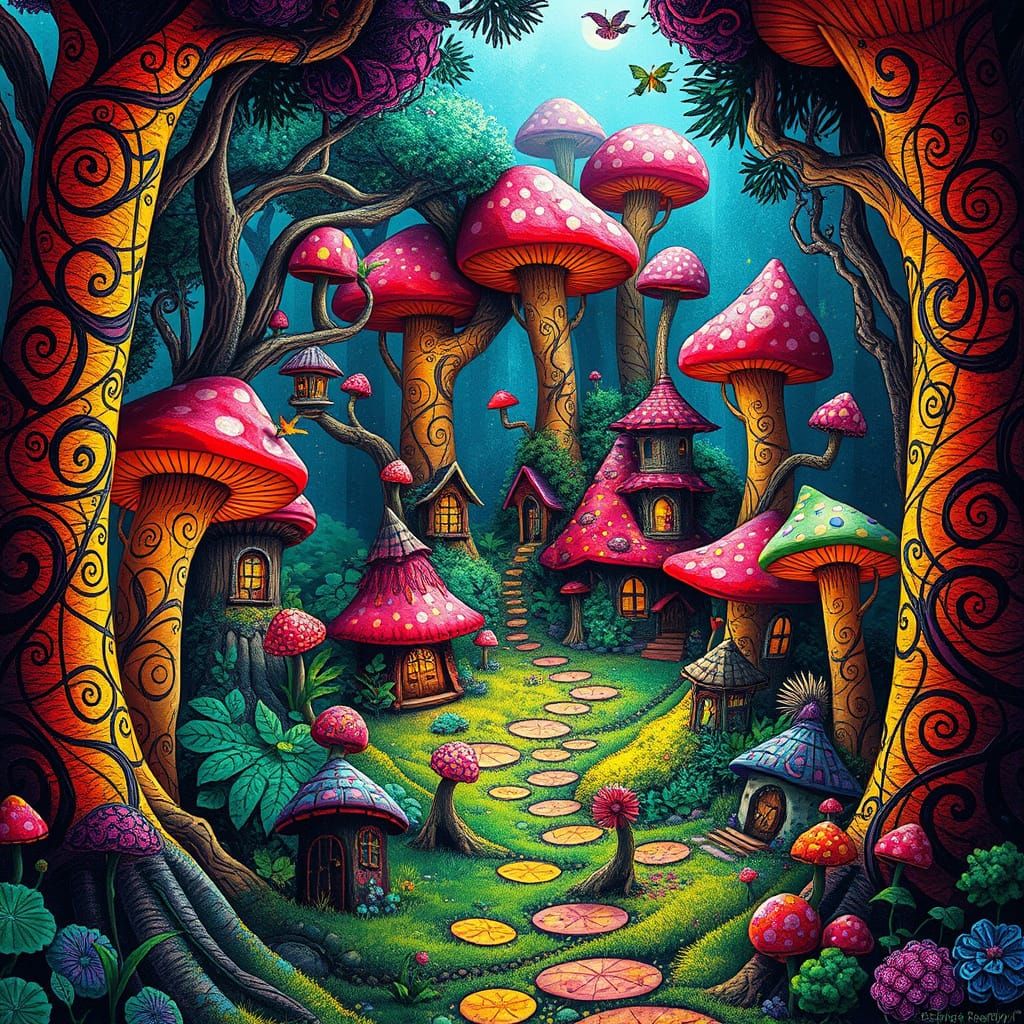 Enchanted Mushroom Metropolis in Vibrant, Dreamlike Style