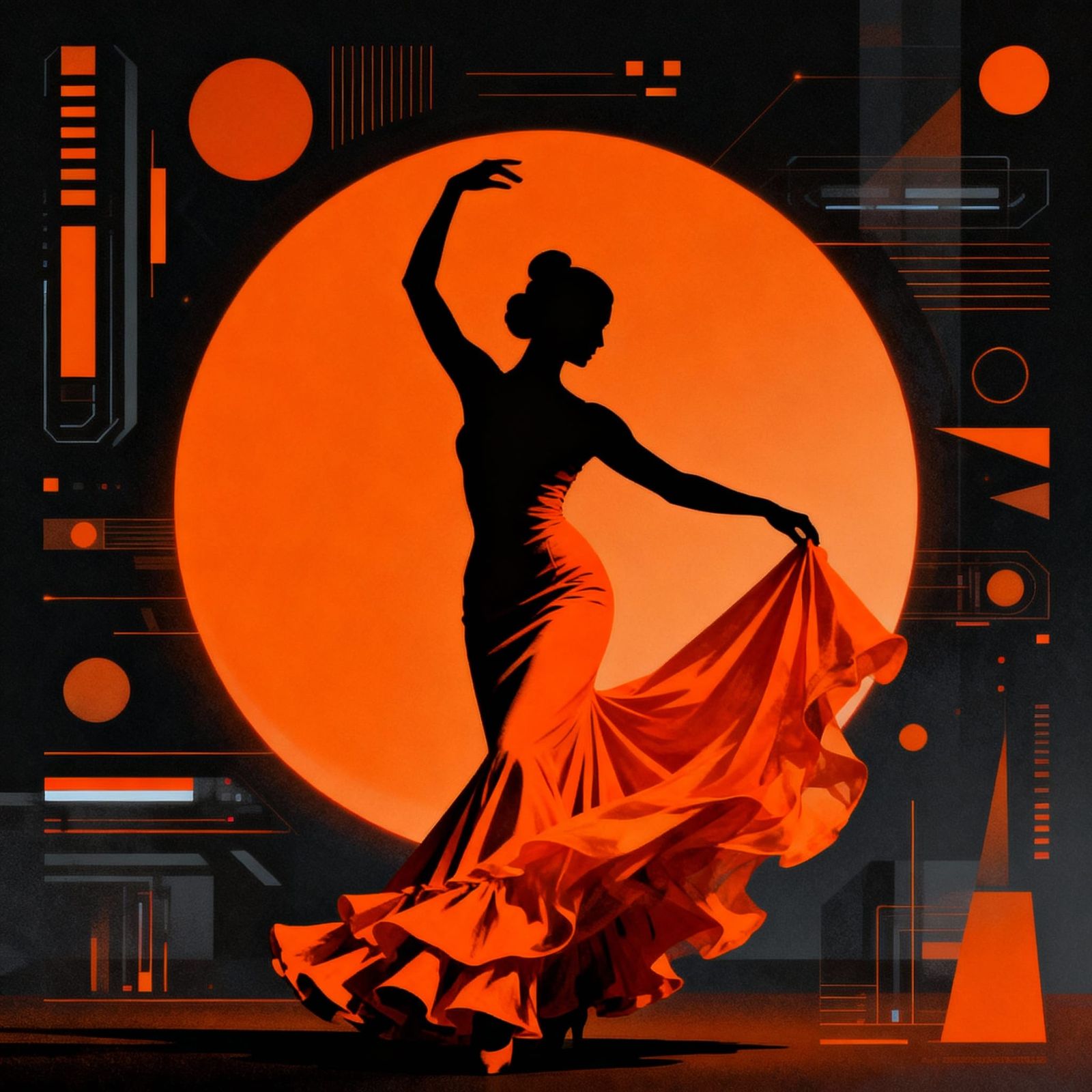 Flamenco Dancer Silhouette in Retro Futurism Style