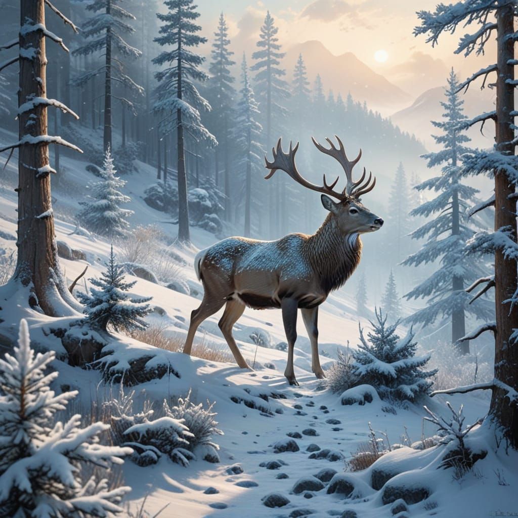 A deer stands in the foreground facing forward, its antlers ...