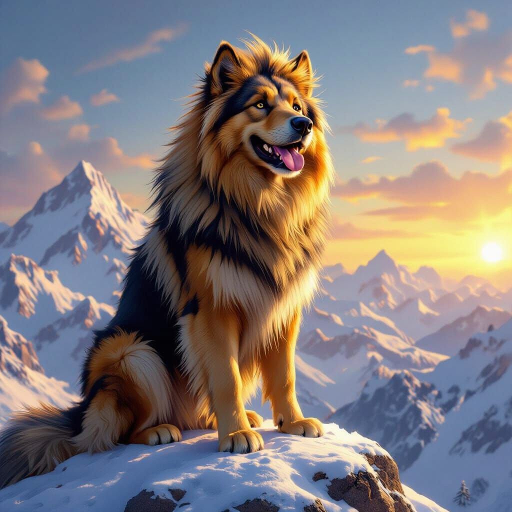German Shepherd Lion Hybrid Smiles on Mountain Summit