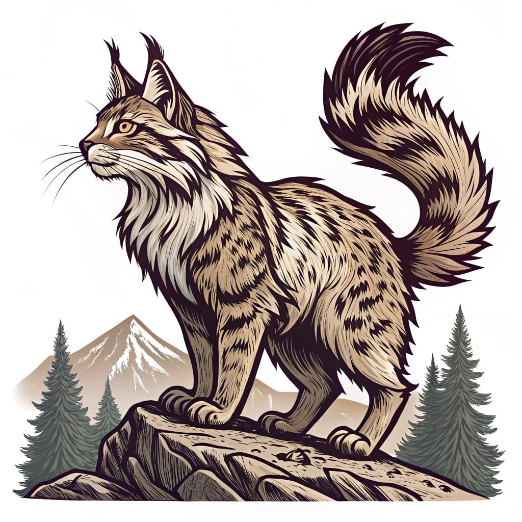 Wild Maine Koon Cat Woodcut Vector Logo