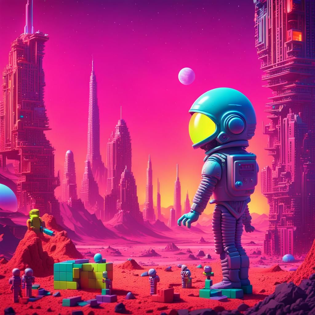 Space Alien Child Builds Mars Cityscape in Synthwave Style