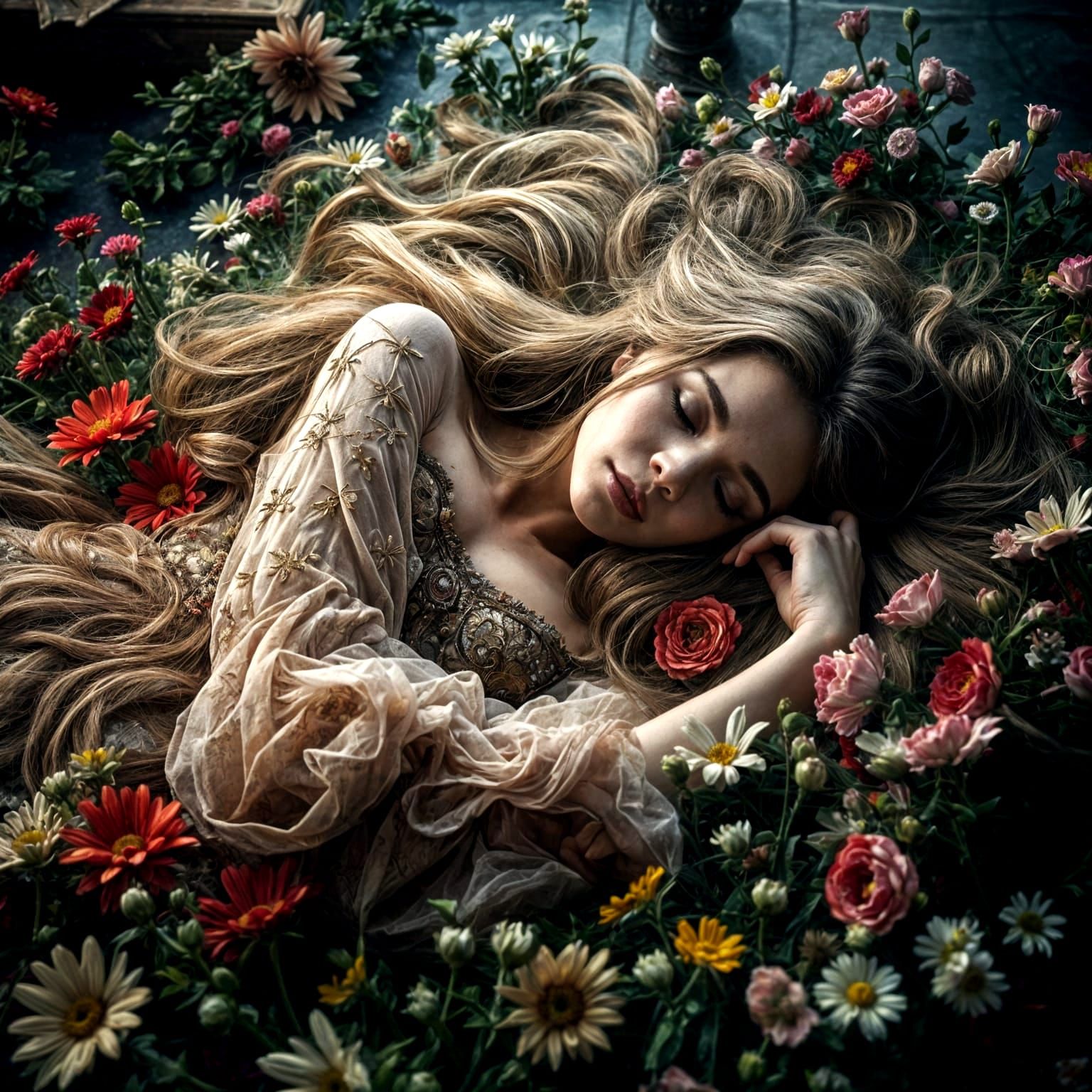 Hyperrealistic Portrait of a Sleeping Beauty in a Floral Par...