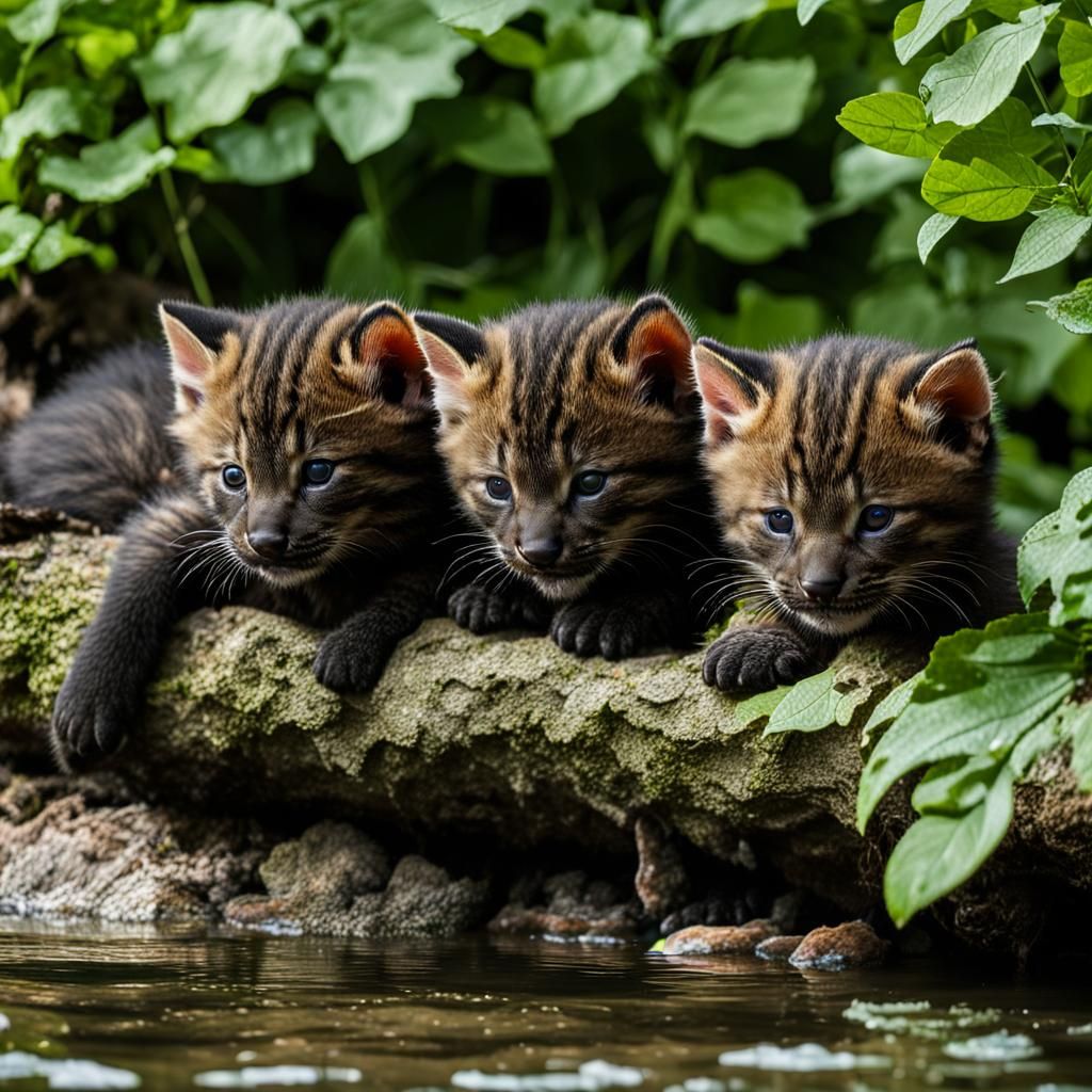 Fisher Cat Kittens Sleeping by River Bank