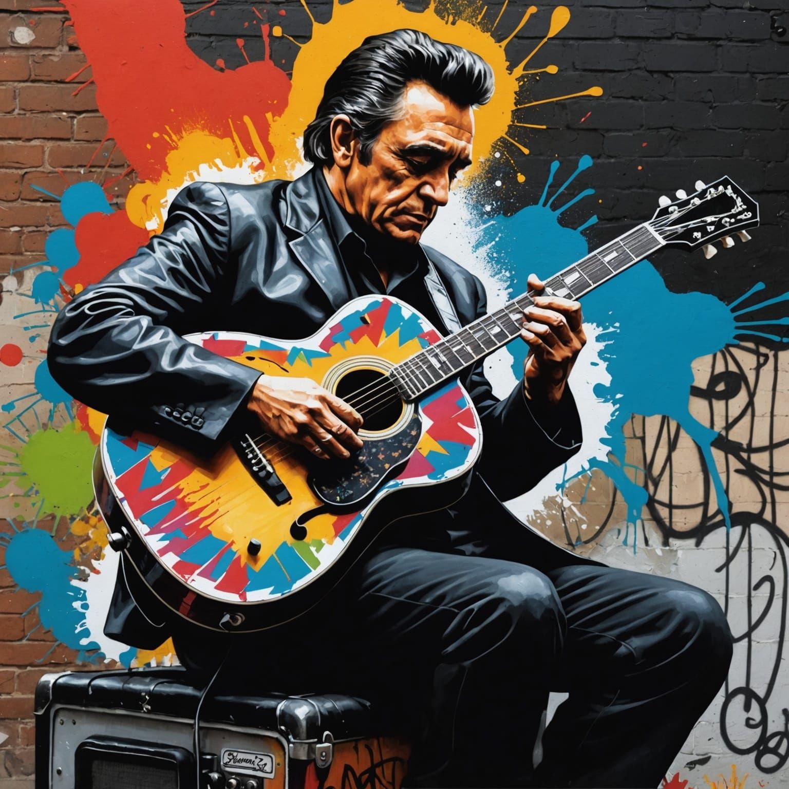 Johnny Cash Opossum Guitarist in Graffiti Art
