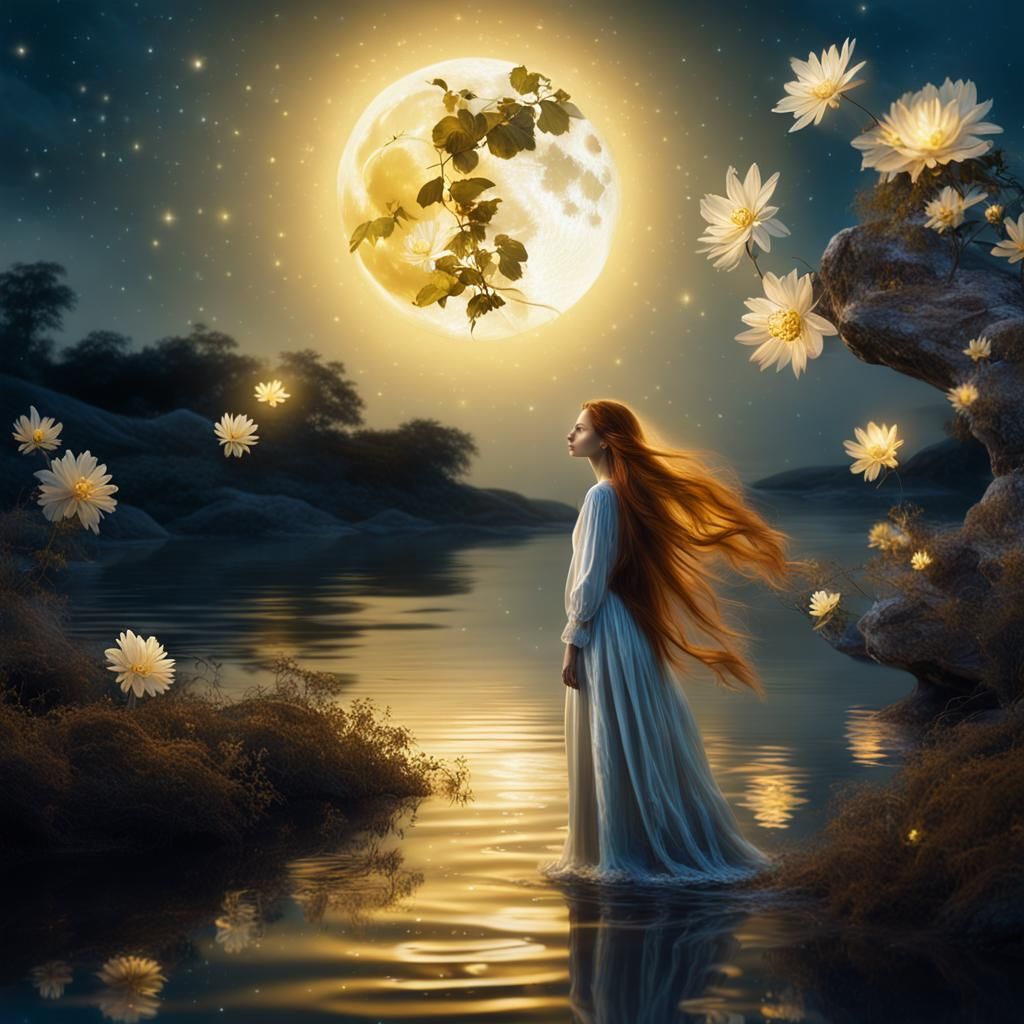 Surreal Lady Under Moon with Golden Ripples