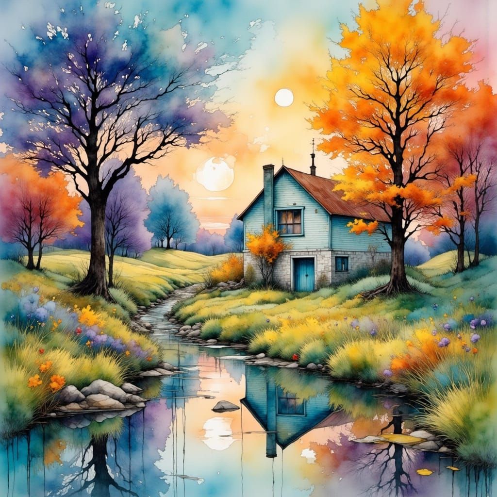 Dreamy 1960s House Surrounded by Colorful Trees