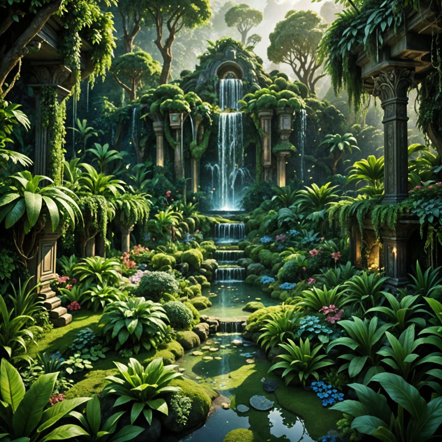 Lush Sci-Fi Garden with Waterfall in Epic Proportions