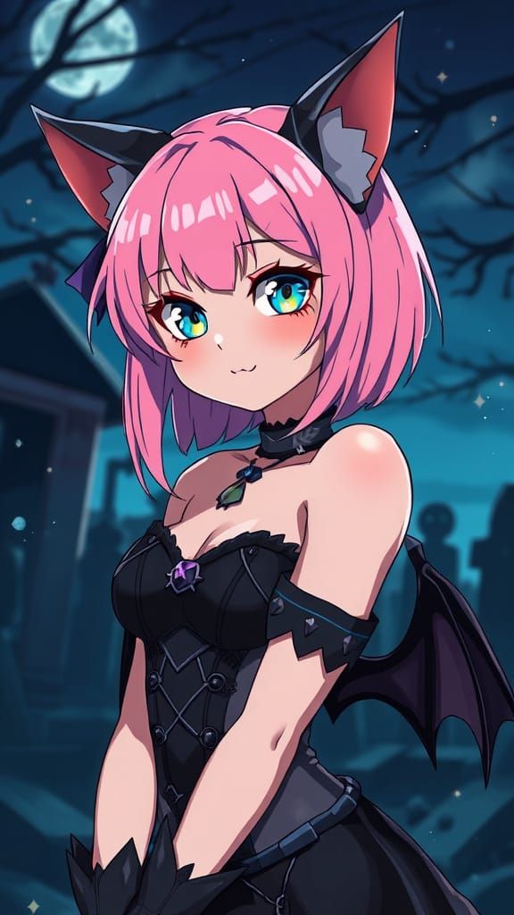 Cheeky Anime Catgirl in Graveyard, Ghibli Style