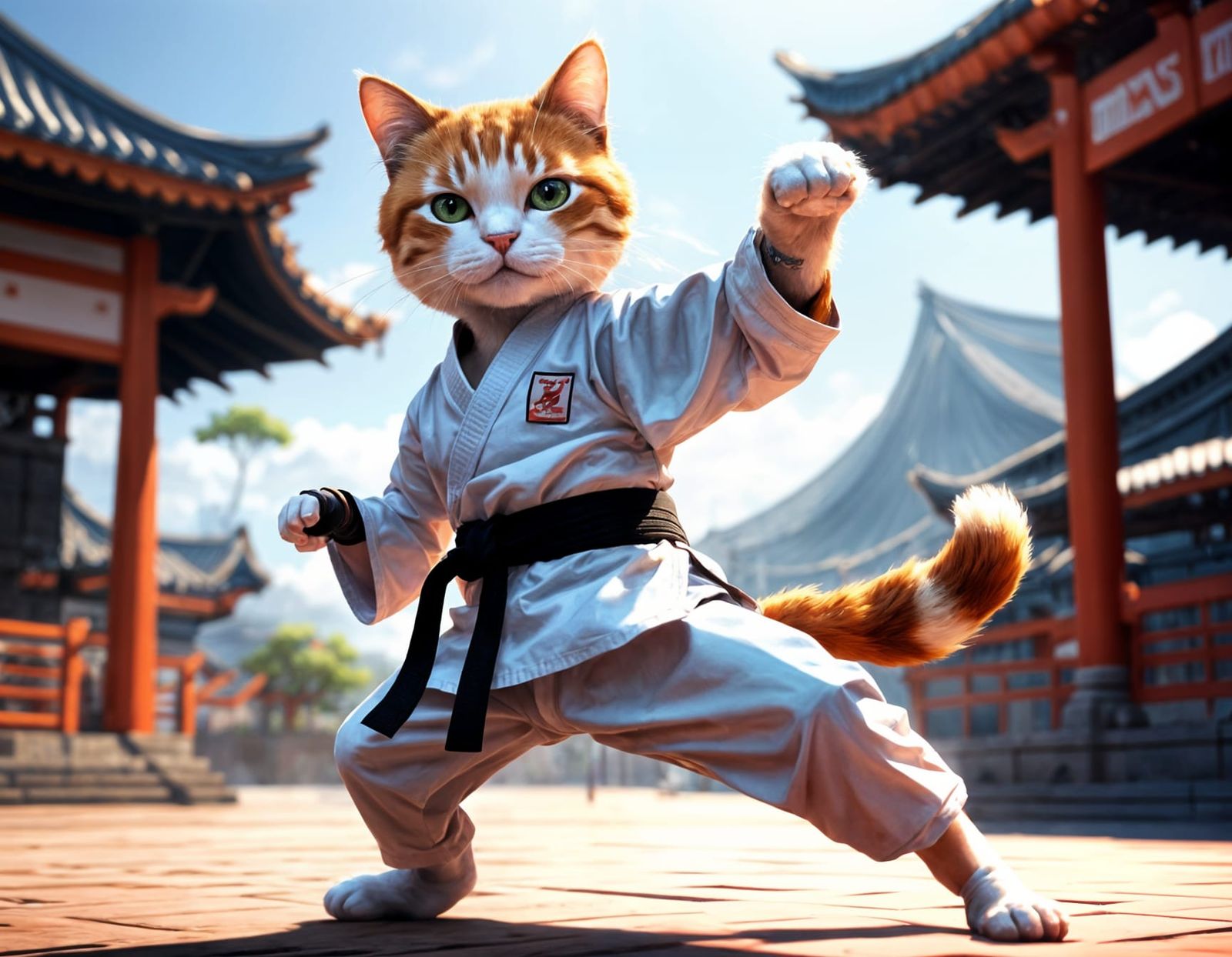 Karate Cat Flying Kick in 3D Anime Style