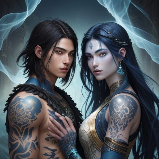 Celestial Tattoos on Teen Couple in Ethereal Ruins