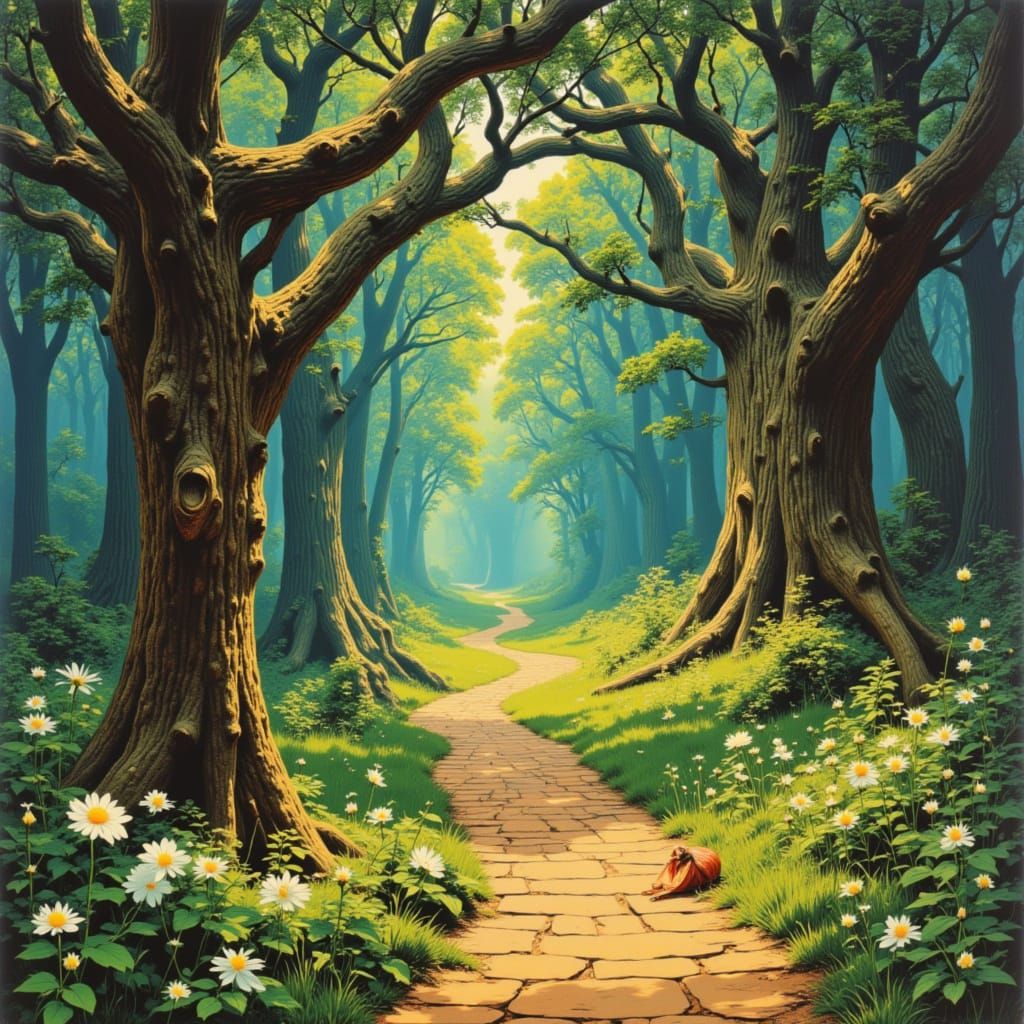 Vintage Medieval Forest Path Illustration