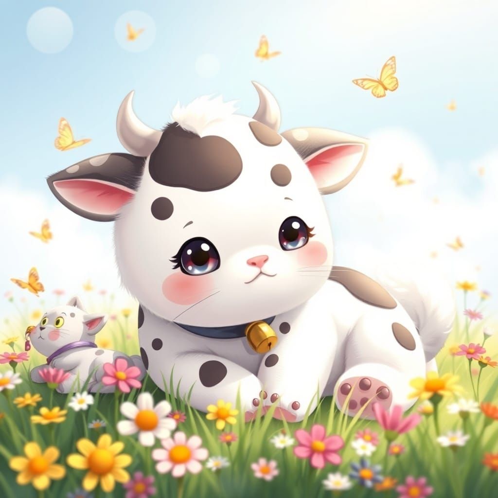 Cute Cat-Cow Hybrid in Sunny Meadow, Kawaii Style