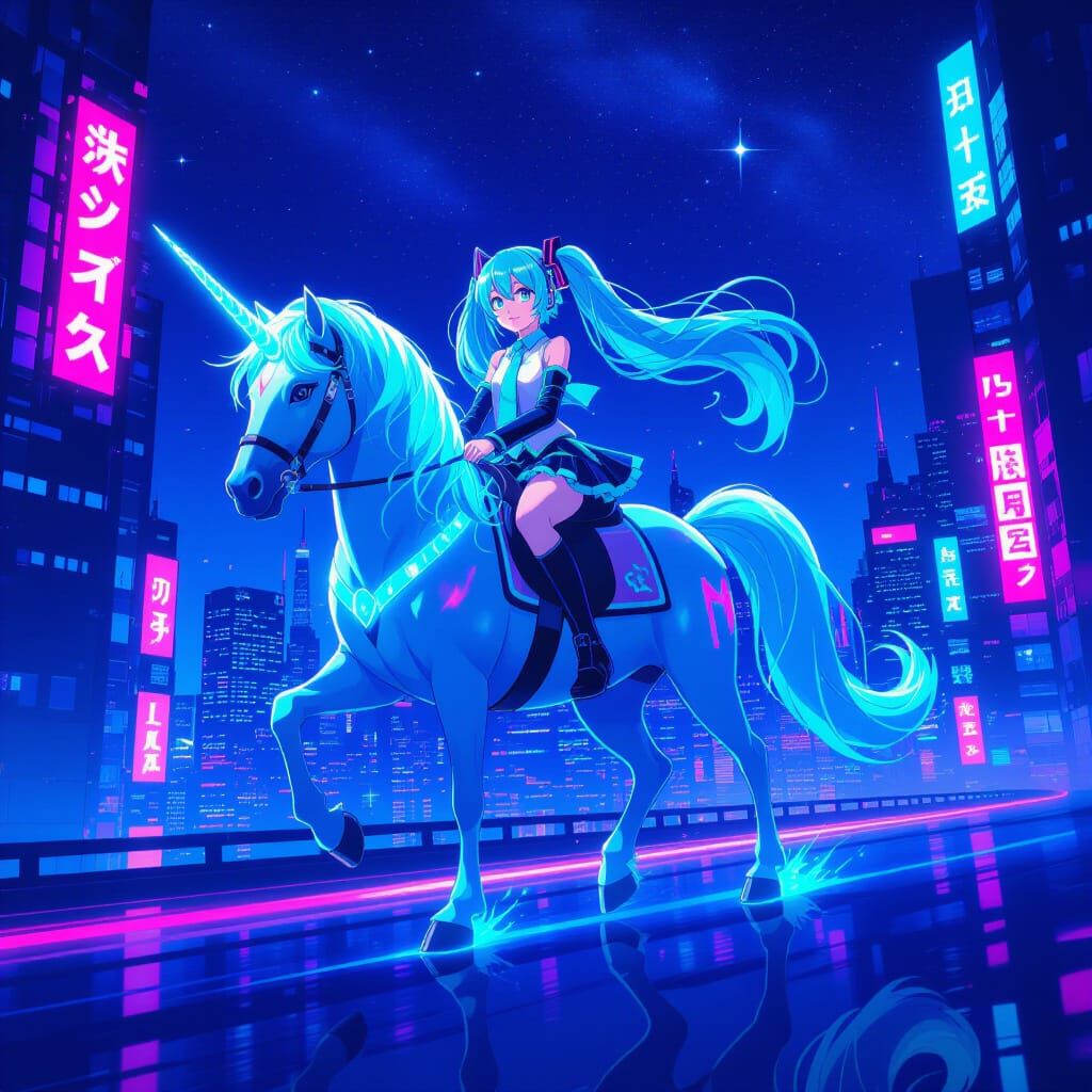 Hatsune Miku Rides Glowing Unicorn in Cyberpunk Cityscape