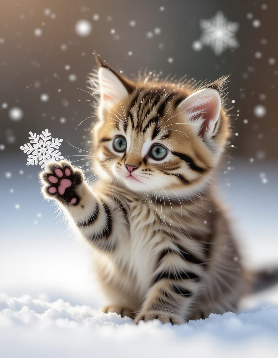 Tiny Kitten's First Snowfall Wonder