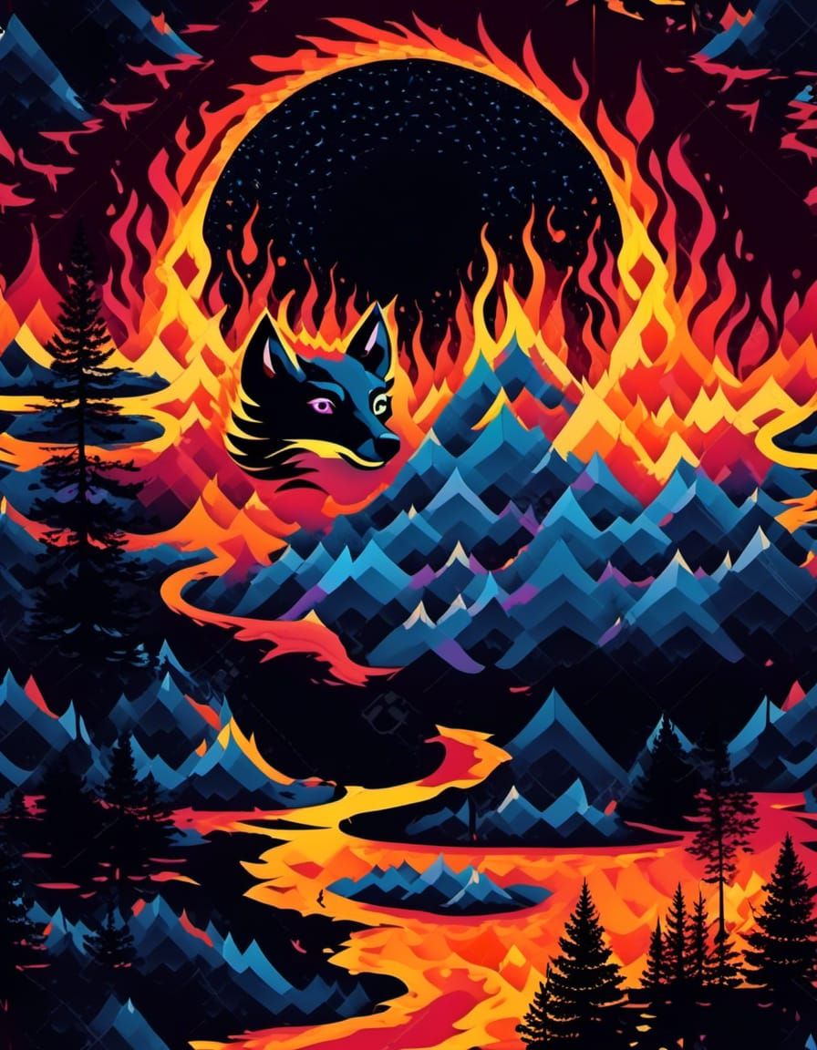 Fiery Purple Fox in Geometric Abstract Style