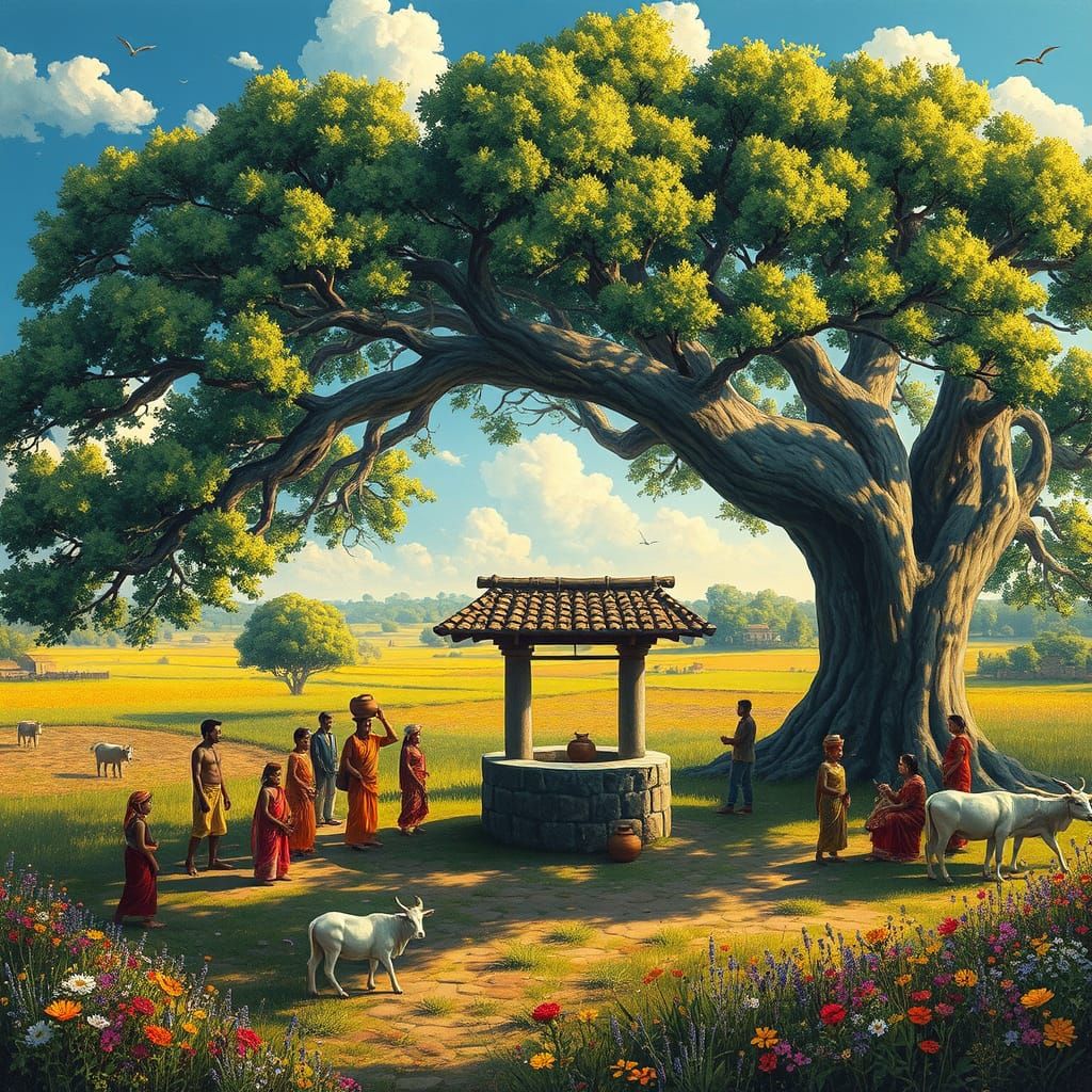 Traditional Indian Village Scene in Colorful Harmony