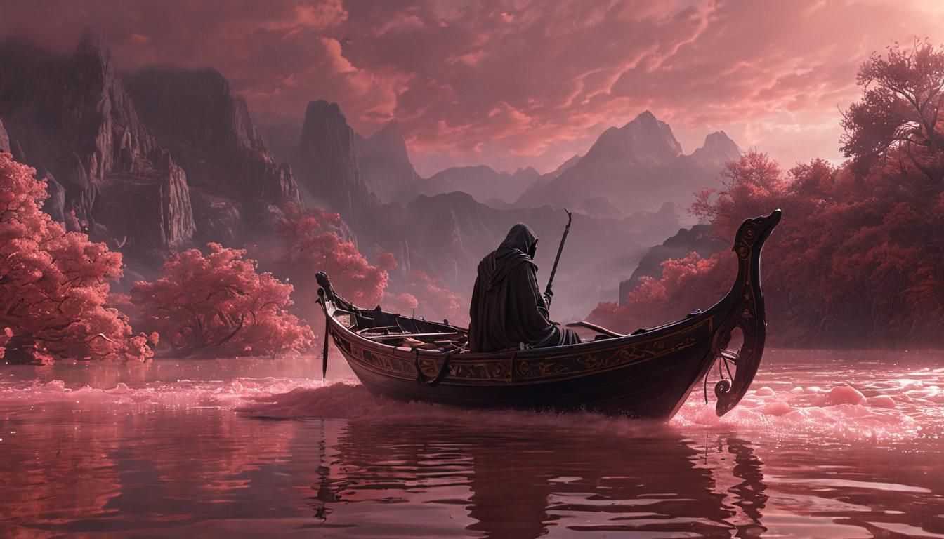 Grim Reaper Drifting on Pink River, Digital Painting