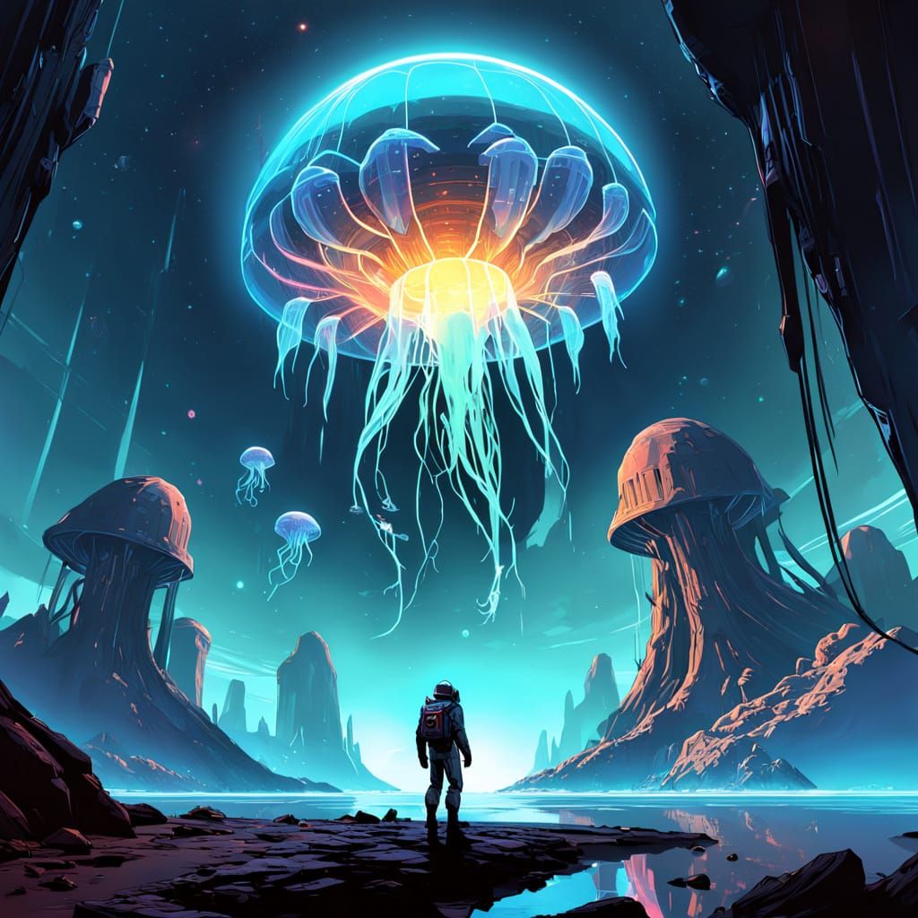 Astronaut Gazes at Bioluminescent Jellyfish in Alien Landsca...