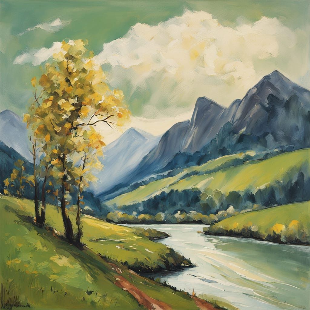 Expressionist Landscape Painting with Mountains and Lakes